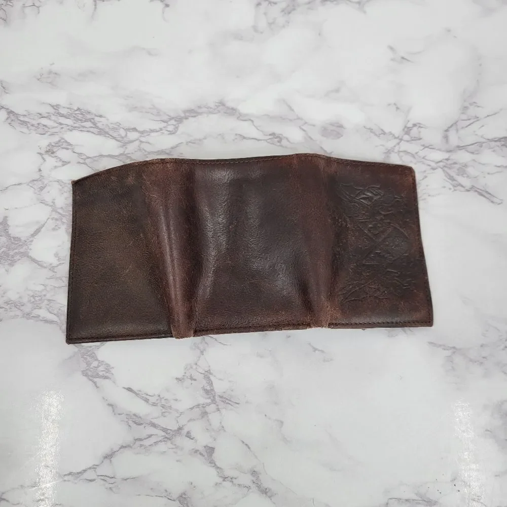 Faded Glory Vintage Brown Leather Wallet with Crest Dueling Dragons Embossed